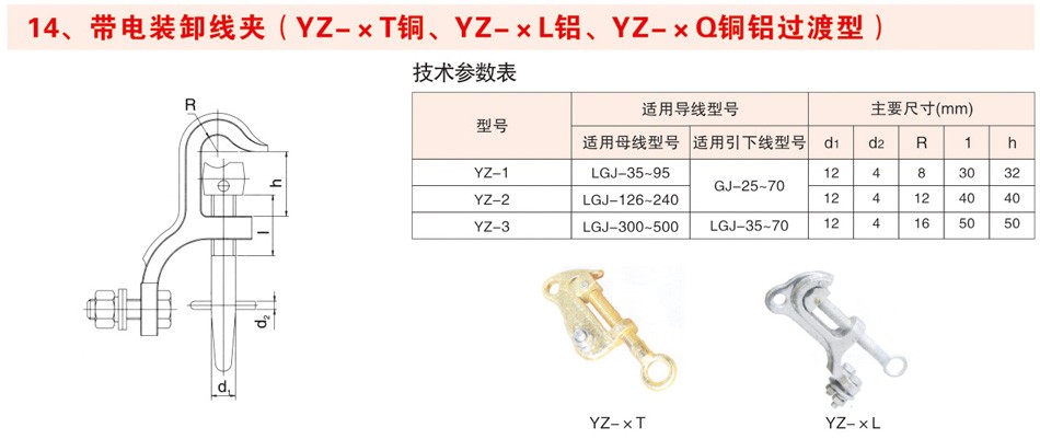 带电装卸线夹（YZ-xT铜、YZ-xL铝、YZ-xQ铜铝过渡型）