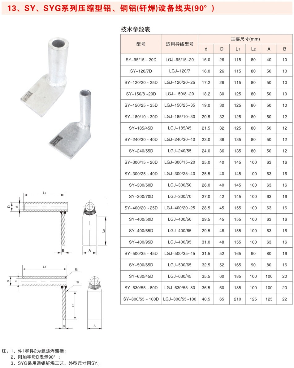 SY、SYG系列压缩型铝、铜铝（钎焊）设备线夹（90°）