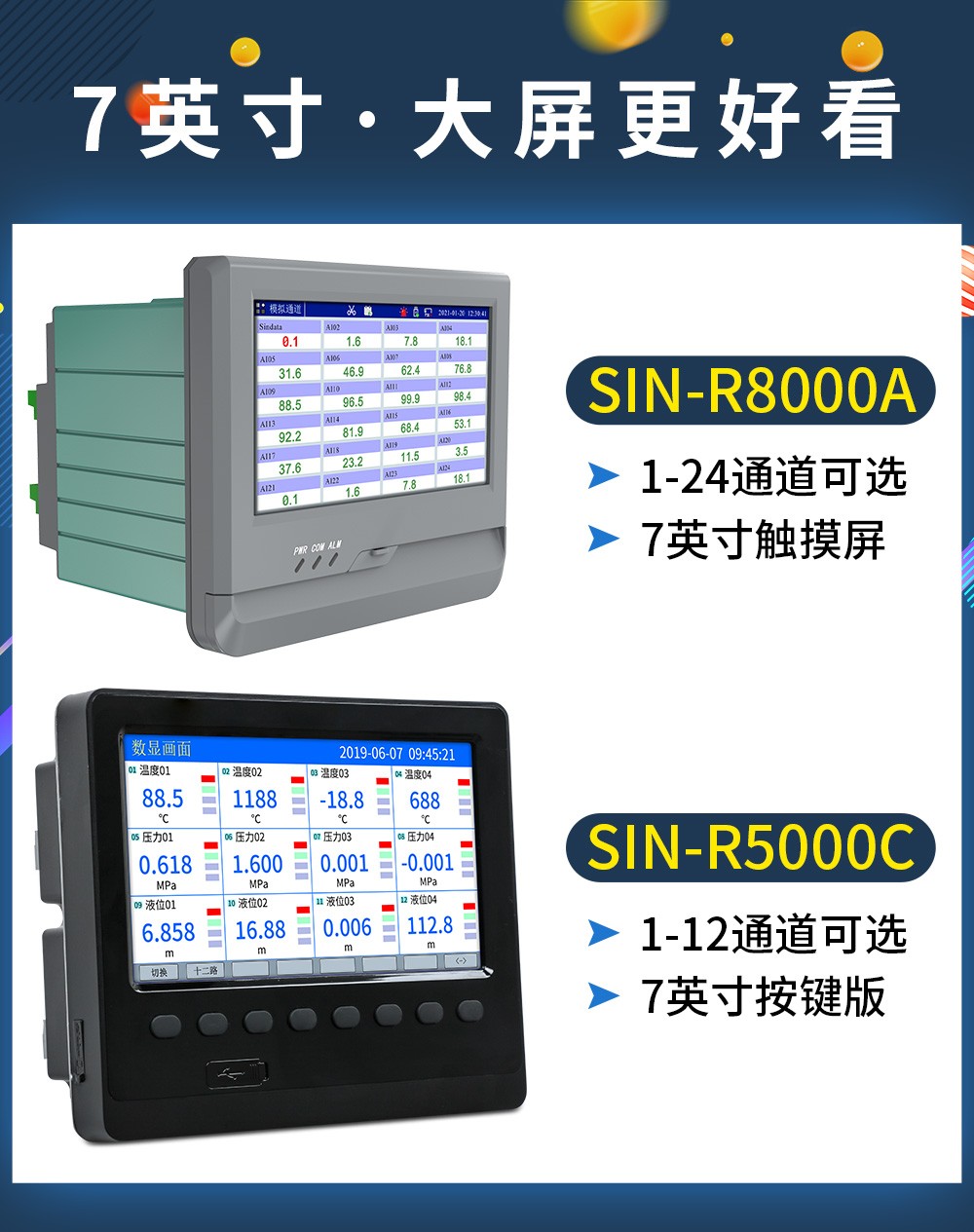 SIN-R8000A_(触摸屏)0.5S高速采集_1-24路   7英寸无纸记录仪