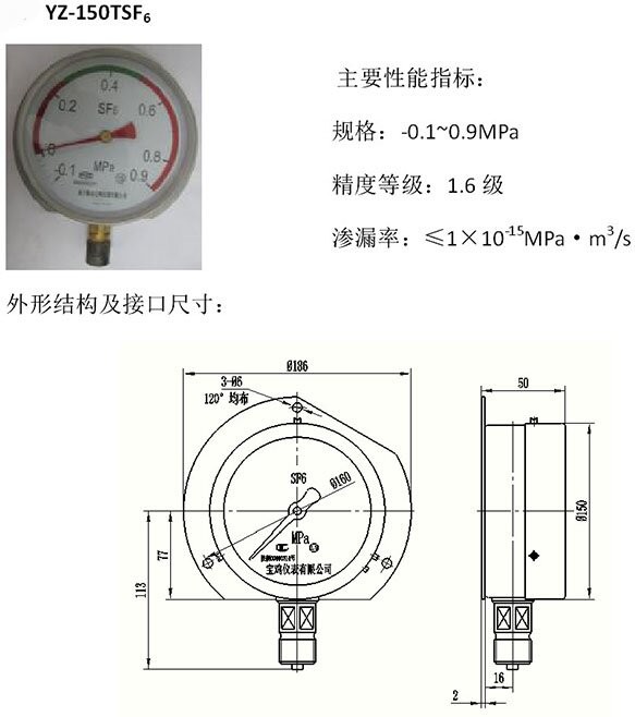 YZ-150T型SF6气体压力表