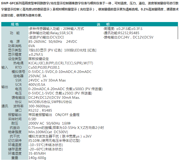 SWP-GFC系列单回路数字/光柱显示控制器