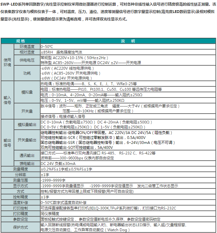 SWP-LED系列单回路数字/光柱显示控制仪