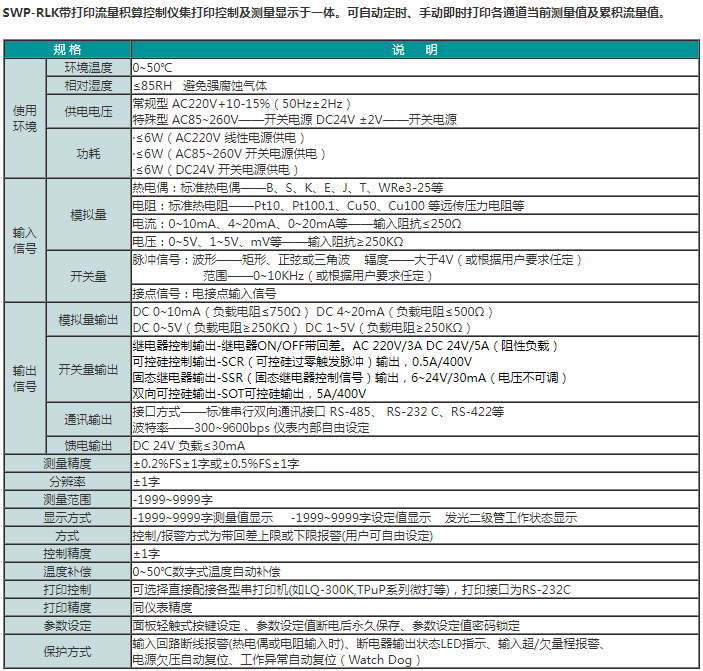 SWP-RLK带打印流量积算控制仪