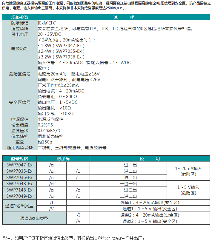 SWP7000-EX系列检测端隔离式安全栅