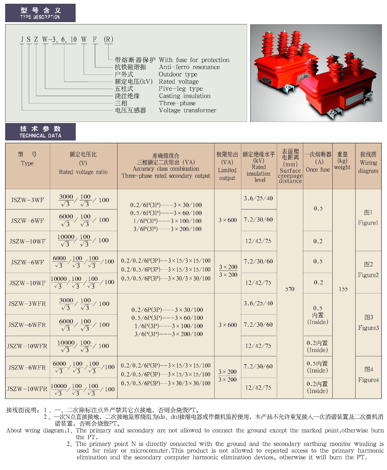 JSZW-3、6、10WF(R)型户外抗铁磁谐振三相电压互感器